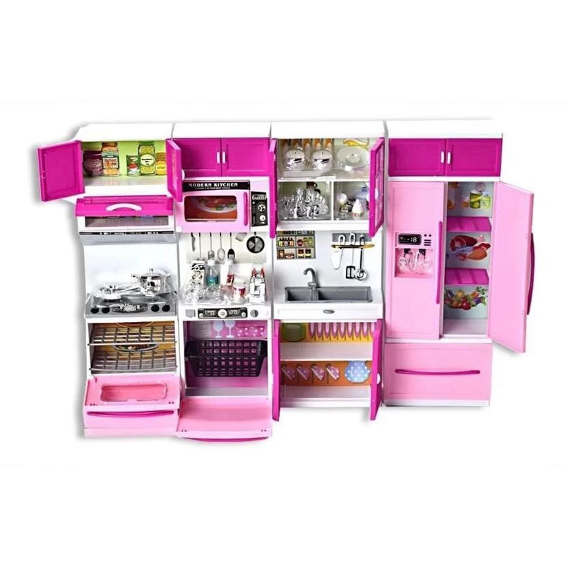 Cozinha Infantil Kit Geladeira Fogao Armarios Micro Ondas e Utensilios Menina Encantada