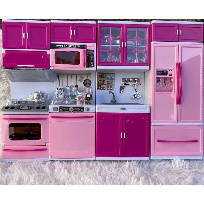 Cozinha Infantil Kit Geladeira Fogao Armarios Micro Ondas e Utensilios Menina Encantada