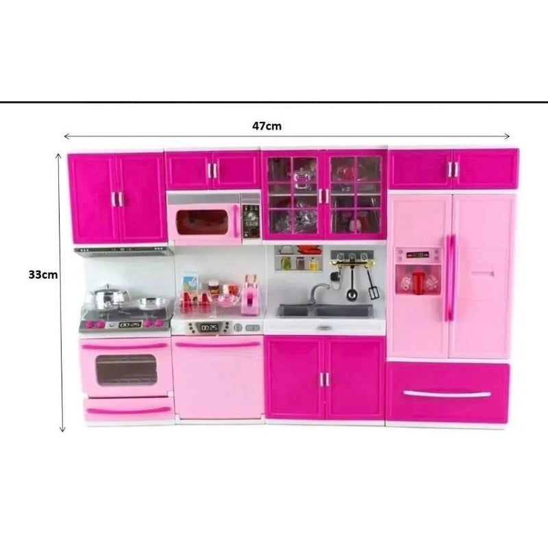 Cozinha Infantil Kit Geladeira Fogao Armarios Micro Ondas e Utensilios Menina Encantada