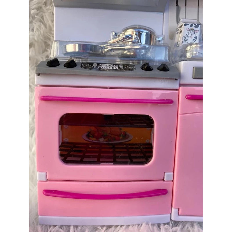 Cozinha Infantil Kit Geladeira Fogao Armarios Micro Ondas e Utensilios Menina Encantada