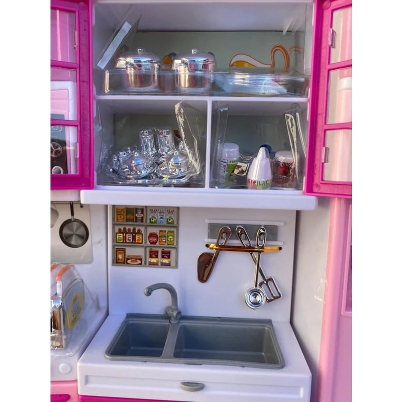 Cozinha Infantil Kit Geladeira Fogao Armarios Micro Ondas e Utensilios Menina Encantada