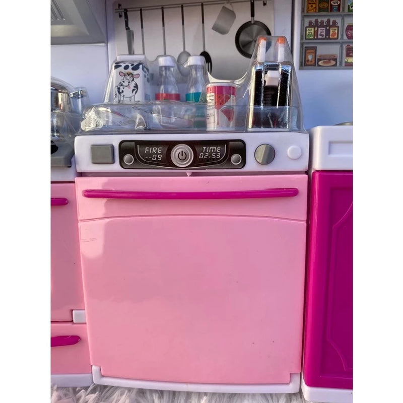 Cozinha Infantil Kit Geladeira Fogao Armarios Micro Ondas e Utensilios Menina Encantada