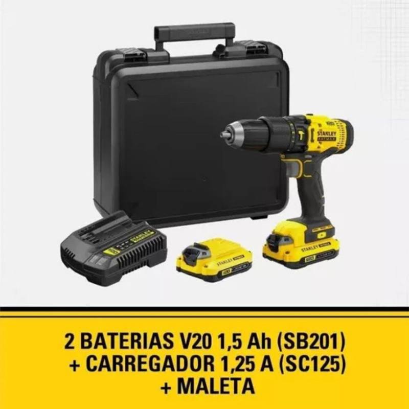 Parafusadeira Furadeira Impacto STANLEY 20v + 2 Baterias 1.5Ah + Carregador bivolt