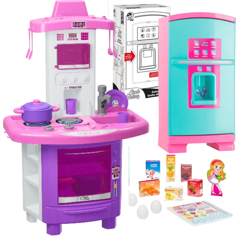 Kit Cozinha Faz de Conta e Geladeira Sonho de Menina Kit Completo Rosa