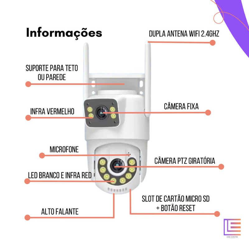 Camera View Dupla PRETO 360° Detection Humana Wifi 